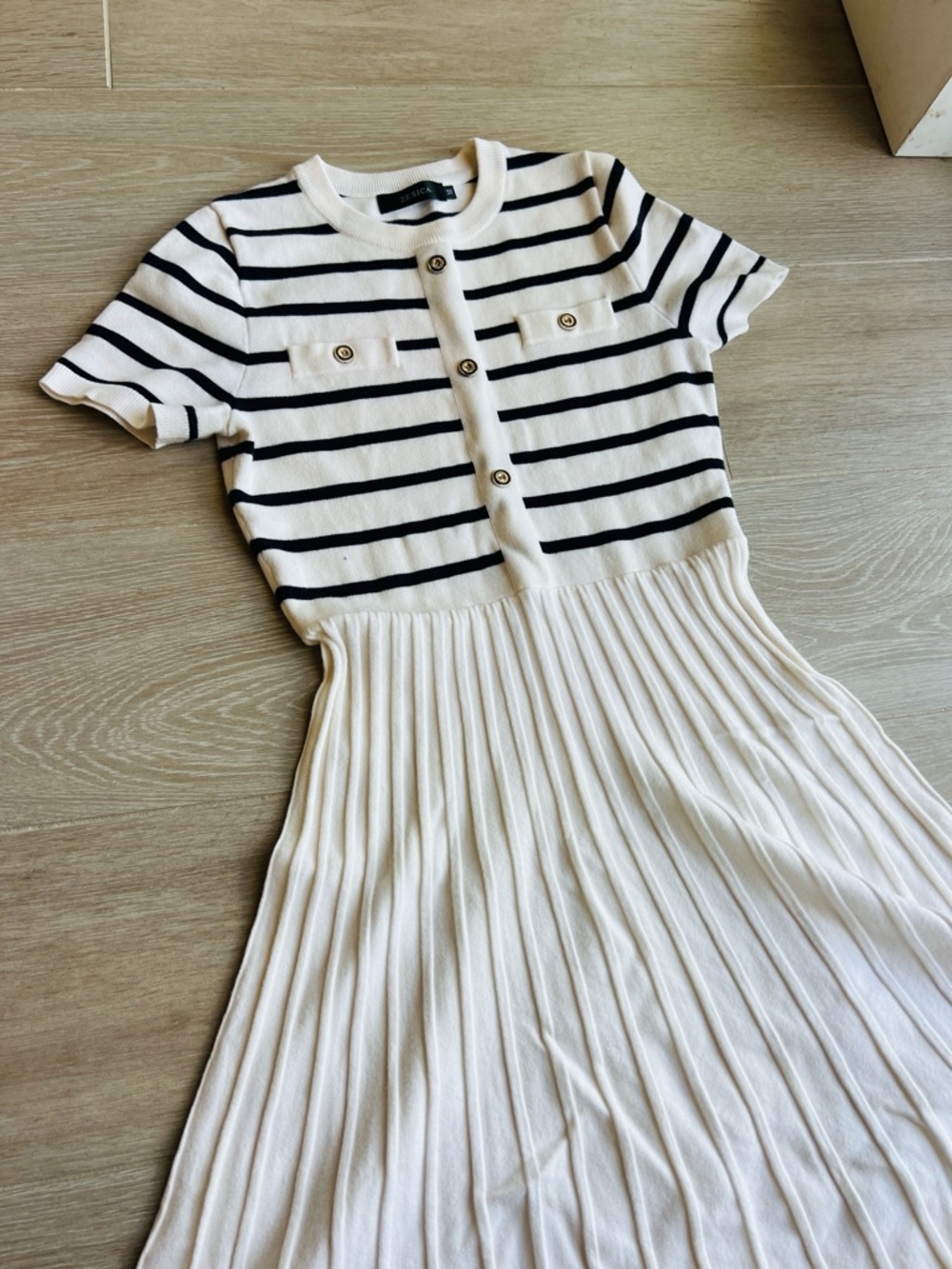 Striped Knit Button-Front Midi Dress in White & Navy